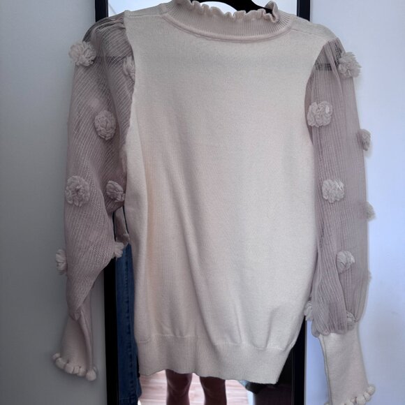 Vintage 90s Beige Flower Ruffle Mock Neck Jumper - Picture 5 of 6